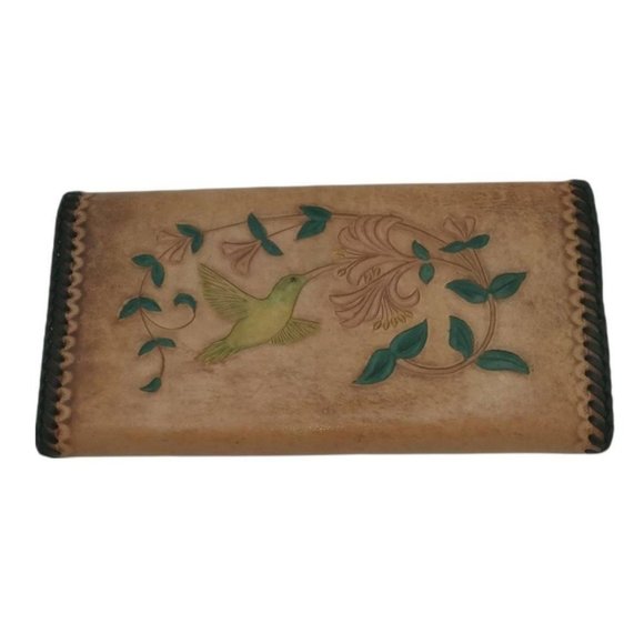 Vintage Wallet Hand Tooled Leather Wallet Hummingbird Floral Scene Whipstitched - Picture 10 of 10